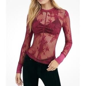 Free People Cool With It Burgundy Lace Long Sleeve Top Size M
